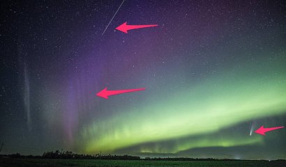 El cometa NEOWISE es fotografiado junto a la aurora boreal, STEVE, y un meteoro